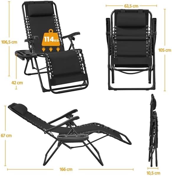 Yaheetech Zero-Gravity-Liegestuhl – Verstellbare Rückenlehne und Kopfstütze – Zusammenklappbar – 166 x 63,5 x 67 cm – Dunkelgrau