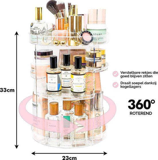 Homewize Abode - Make Up Organizer Transparent - 360 Grad drehbarer Ständer - Schmuckkästchen - Makeup & Nagellack Organizer - Acryl