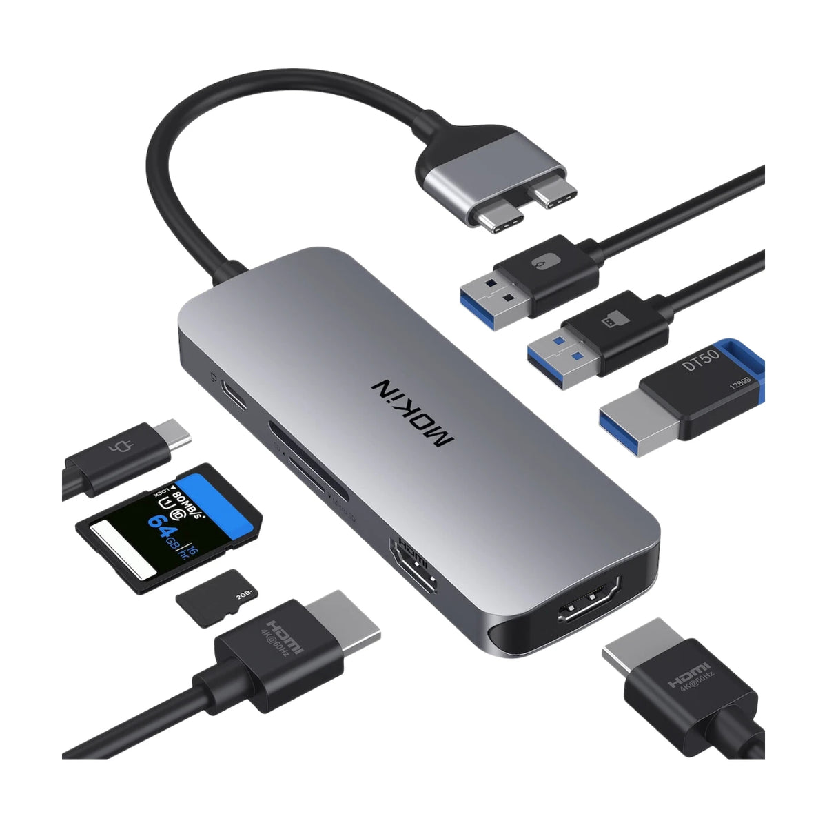 MOKiN 8-in-2-USB-C-Dockingstation für zwei Monitore – 2x HDMI 4K – 3x USB 3.0 – SD/TF – 100 W PD