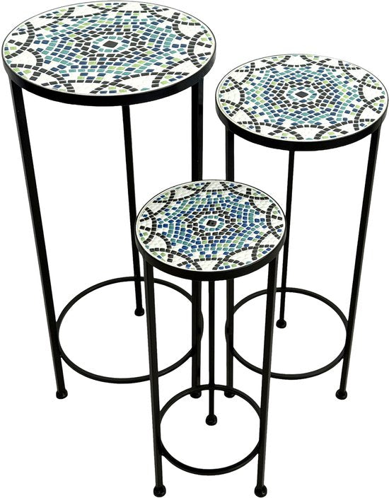 AXI Lola Mosaik-Pflanztisch, rund, mehrfarbig – 3er-Set – Beistelltische – Verschiedene Größen – Mosaik-Optik – Mit Keramikfliesen eingelegt – Für den Innenbereich, den Garten, die Terrasse und den Balkon