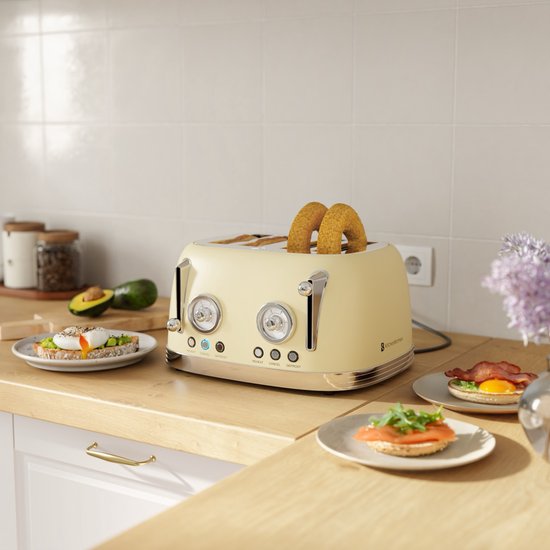 KitchenBrothers Retro-Toaster - Toaster - 6 Heizstufen - 4 extra breite Schlitze - 815W - Beige