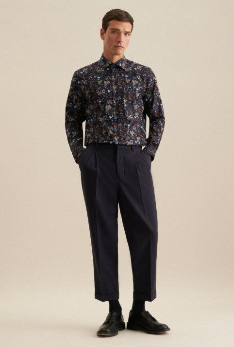 Seidensticker Regular Fit Hemd - 43 - Navy - Bedruckt - Twill - Business Kent Kragen