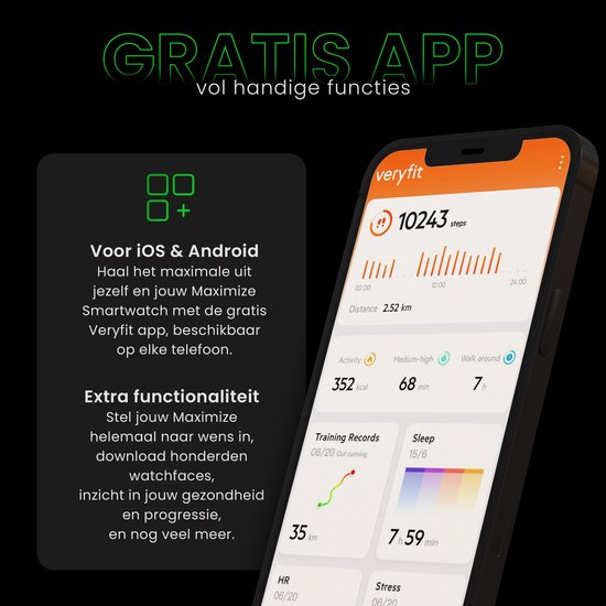Maoo Maximize Smartwatch - Volle Klingelfunktion, Herzfrequenzmesser, Schrittzähler, Multisport - Android & iOS - Schwarz
