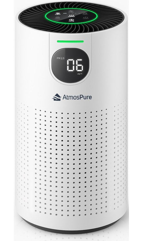 AtmosPure® CleanAir Luftreiniger - Luftreiniger mit austauschbarem HEPA 13 + Kohlefilter - CADR 250 m³/h - Weiß - Für 97 m² - Wirkt gegen Staubmilben, Heuschnupfen, Allergien, -3 Modi + stiller Schlafmodus - Luftqualitätssensor