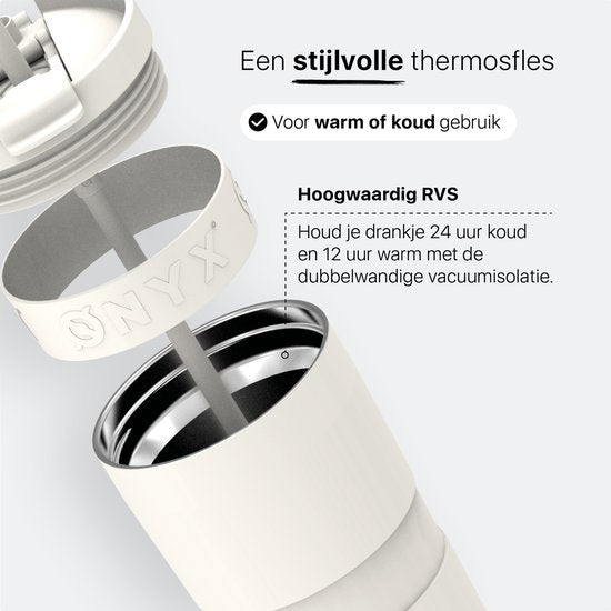 ONYX Trinkflasche mit Strohhalm 700ML - Trinkflasche für Kinder & Erwachsene - Thermosbecher Edelstahl Reisebecher - Motivationstrinker - Trinkbecher für die Schule - Coco White