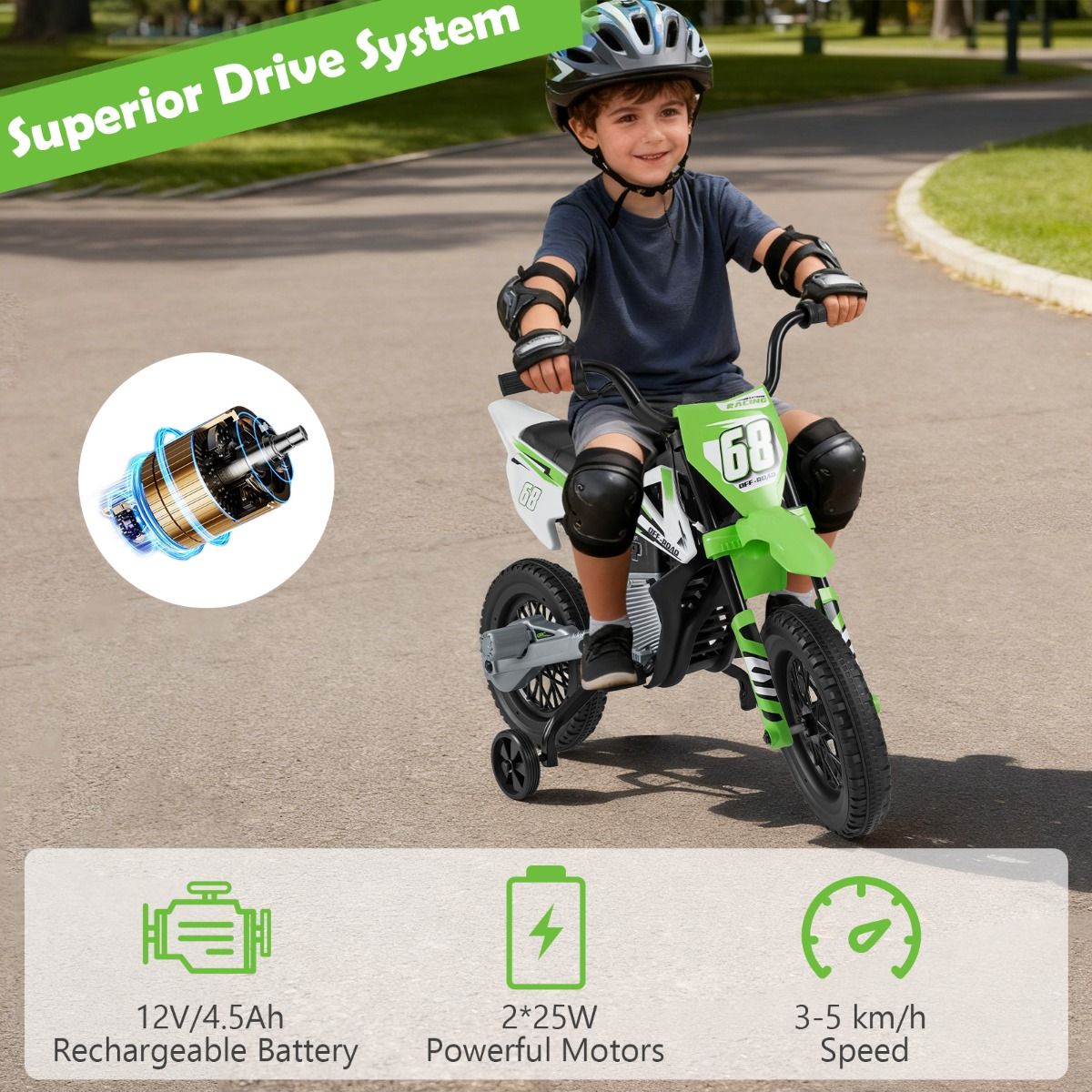 Coast Elektrisches Kindermotorrad – Musik und Bluetooth – abnehmbare Stützräder – grün