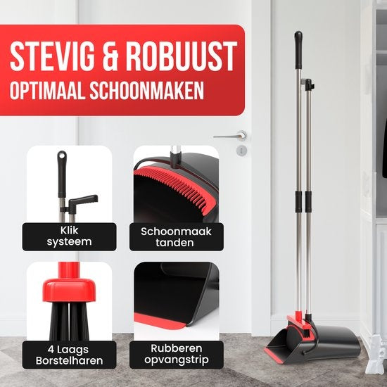 Strex Kehrschaufel und Bürste mit langem Stiel - verstellbar von 87-127cm - mit integrierten Reinigungszähnen