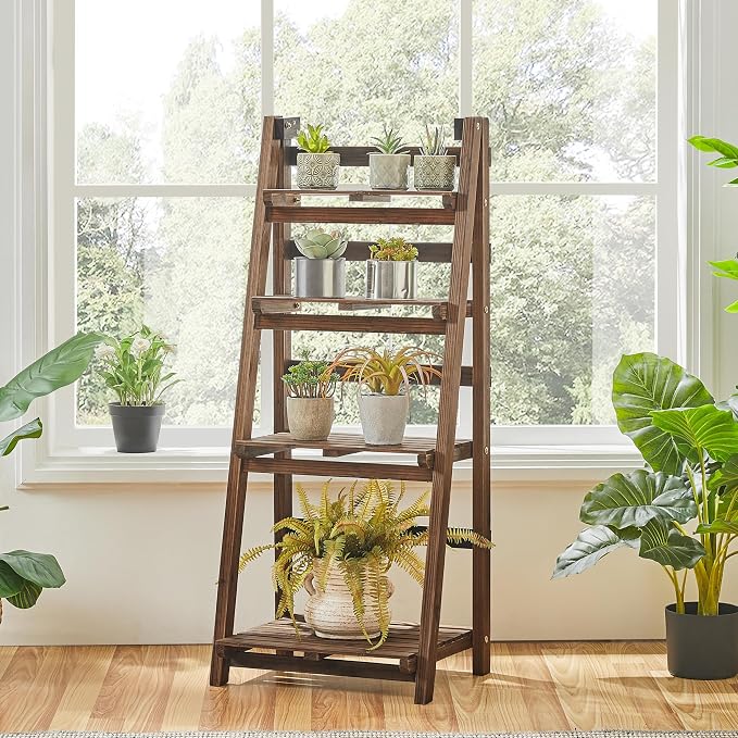 Yaheetech Pflanzenregal, 4-stöckig, zusammenklappbar – Braun – Blumenregal aus Holz für drinnen und draußen