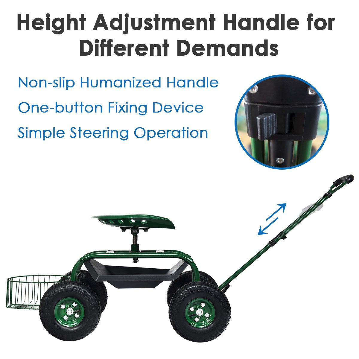 Coast Gartenwagen mit verstellbarem Griff – ergonomischer Sitz – Ablagekorb und Werkzeugkästen – grün