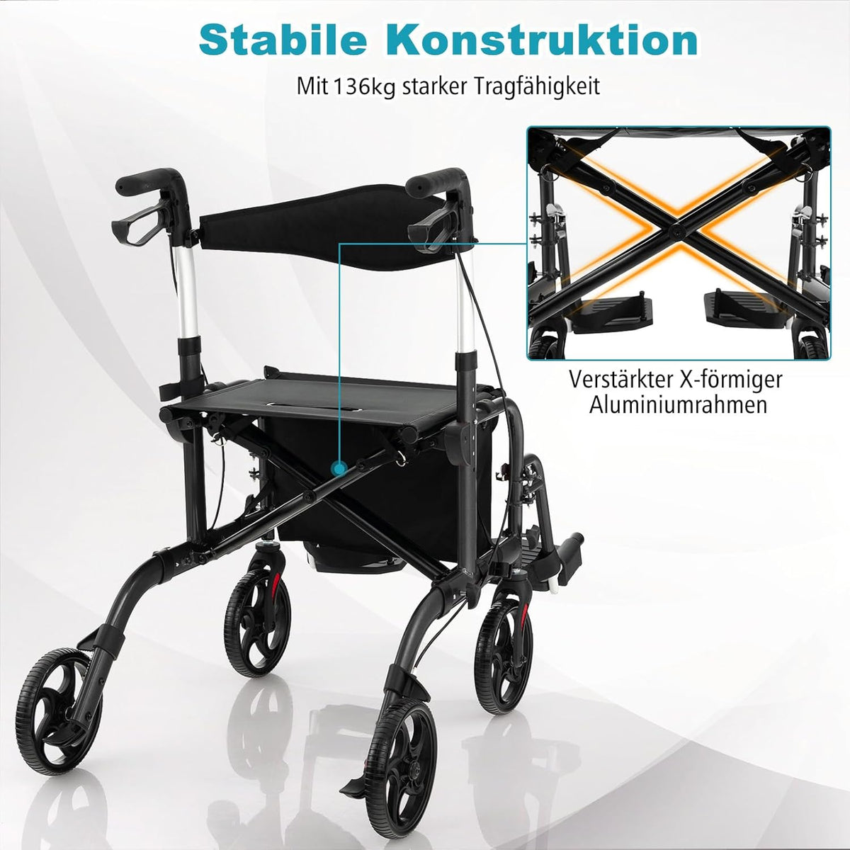 Coast Faltbarer Rollator - Multifunktional - Höhenverstellbar - Mit Tasche und Stockhalterung - Schwarz