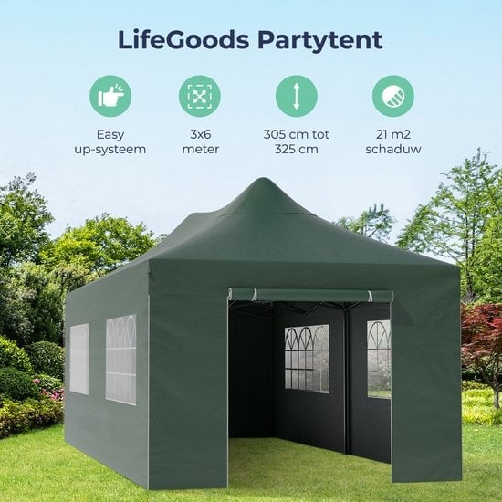 LifeGoods Partytent - Paviljoen - 3x6 m - Zijwanden - Easy Up - Opvouwbaar - Waterdicht - Draagtas met Wieltjes - Donkergroen