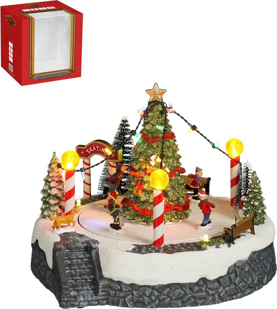 LuVille Weihnachtsdorf Miniatur-Weihnachtsbaum-Szene - L22 x B22 x H19 cm