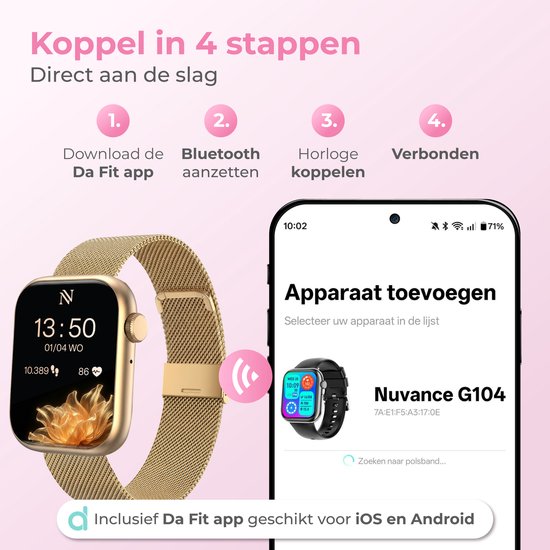Nuvance Smartwatch für Damen – Schrittzähler-Uhr für Damen – Herzfrequenzmesser – Sportuhr – Kompatibel mit iOS/Android – AMOLED – Inkl. 5 Armbänder – Gold