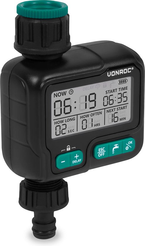 VONROC Bewässerungsuhr - Digital - Automatisch - Intervall und Dauer einstellbar: 1h bis 15 Tage/ 1sec bis 99min - IPX5 wasserdicht