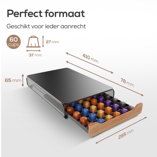 KitchenLove - Kapselhalter - Nespresso - Mit Schublade - 60 Tassen - Bambusholz - Schwarz