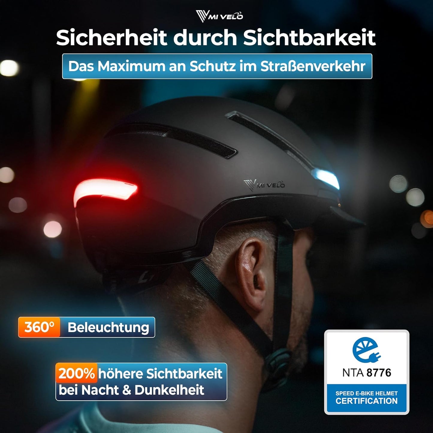 Mivelo Unisex-Radhelm NOVA - Mit Licht - NTA-zertifiziert bis zu 45km/h - Schwarz - Größe L (57-51 cm)