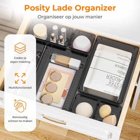 Posity Drawer Organizer - 16 Stück - Organizer Trays - Drawer Trays - Storage Trays - Make-up Organizer - Für Küche, Bad & Büro - Kunststoff - Schwarz Transparent