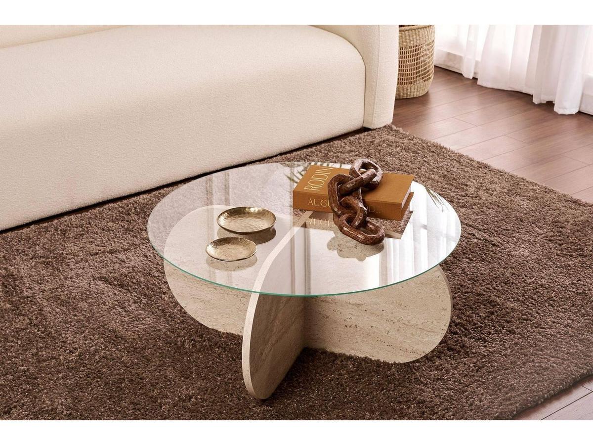Kalune Design Aeris Couchtisch – Transparent – Travertin – 110 x 60 x 40 cm