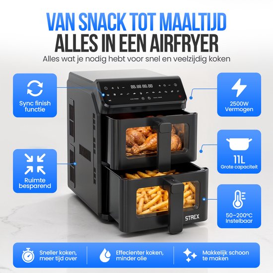 Strex Airfryer mit zwei Körben, 11 l, XXL-Heißluftfritteuse, 2500 W – Airfryer mit 2 Körben – Dual Basket – 13 Kochprogramme – Große vertikale Airfryer für die ganze Familie