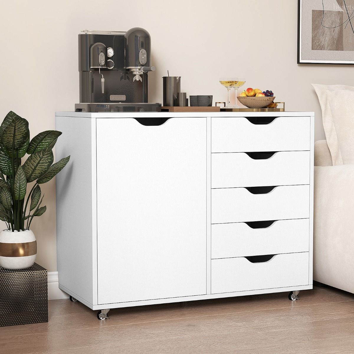 Coast Rollcontainer mit 5 Schubladen und Tür – verstellbares Einlegeboden – auf Rollen – weiß 78 x 40 x 65 cm