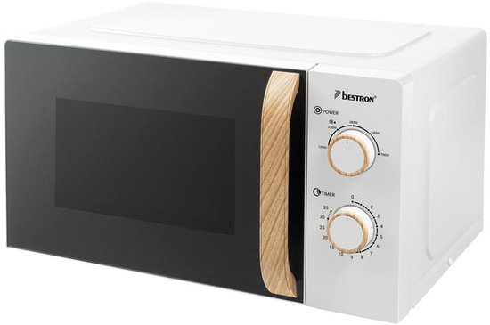 Bestron AMN200NH Mikrowelle 20 Liter – Kompakte Solo-Mikrowelle – 5 Leistungsstufen – Mechanischer Timer mit automatischer Abschaltung – Auftaufunktion – Drehteller – Freistehende Mikrowelle für Küche, Studenten, kleine Haushalte – Weiß