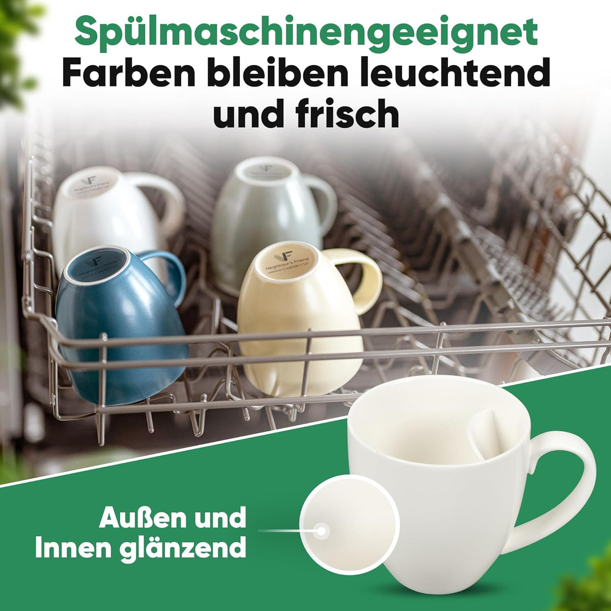 Neighbour's Friend Patentierte Teetasse weiss mit Beutelablage I Keramik Tasse groß 325ml I Teebecher Steingut I Keramiktasse für Tee I Spülmaschinengeeignet Teetassen I Modernes Design für Teetrinker