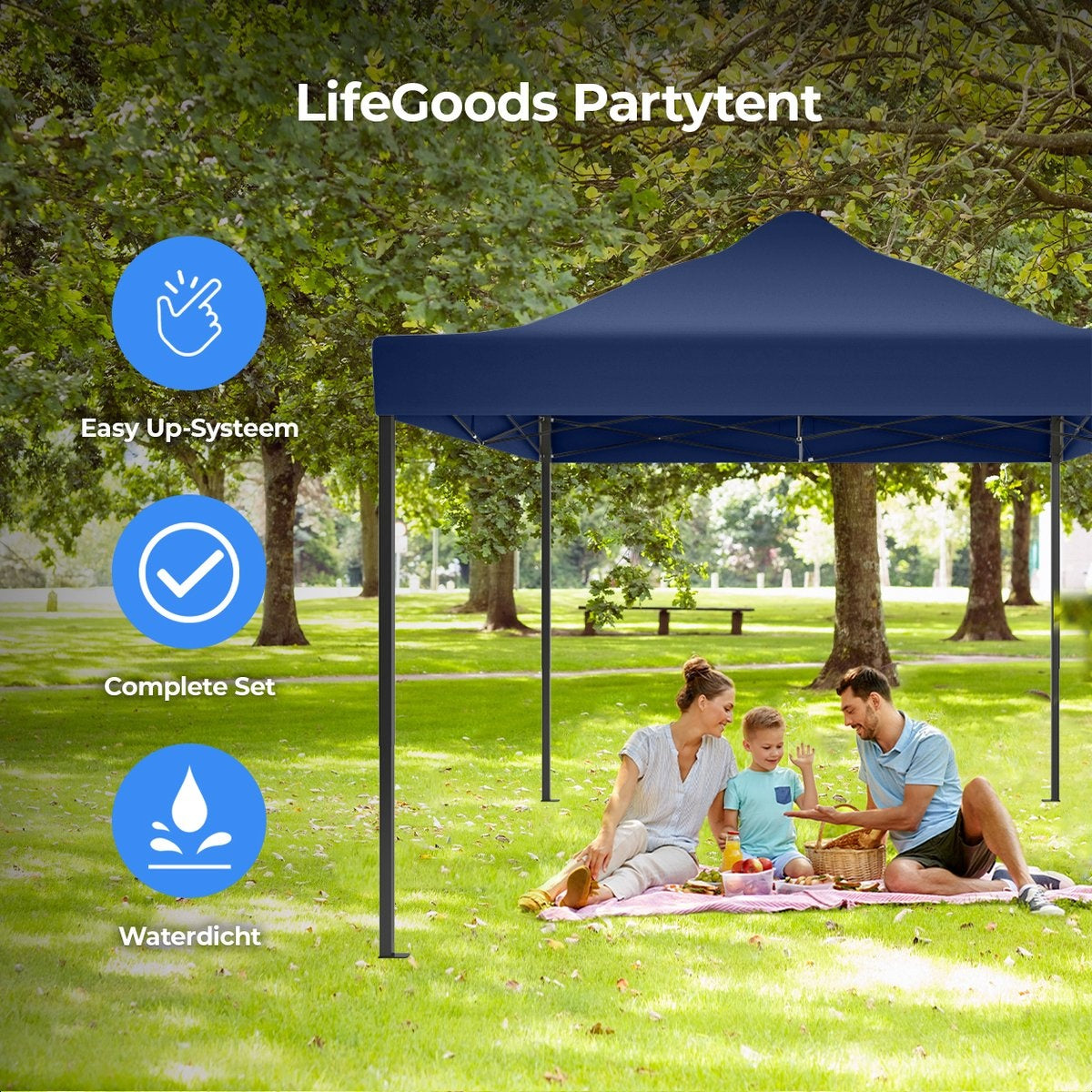 LifeGoods Partyzelt - Pavillon - 3x4,5 m - mit Seitenwänden - leicht aufbaubar - faltbar - wasserdicht - Tragetasche mit Rädern - dunkelblau