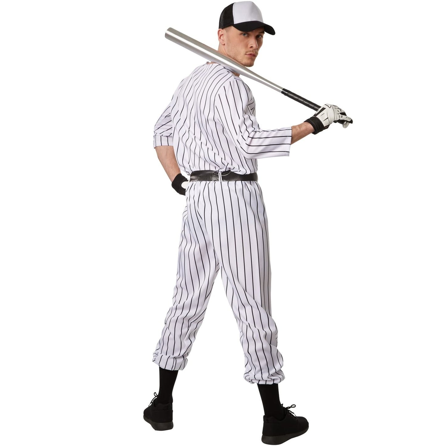Baseball-Kostüm für Herren - Größe M - schwarz/weiß - bestehend aus Hose, Oberteil, Gürtel und Socken