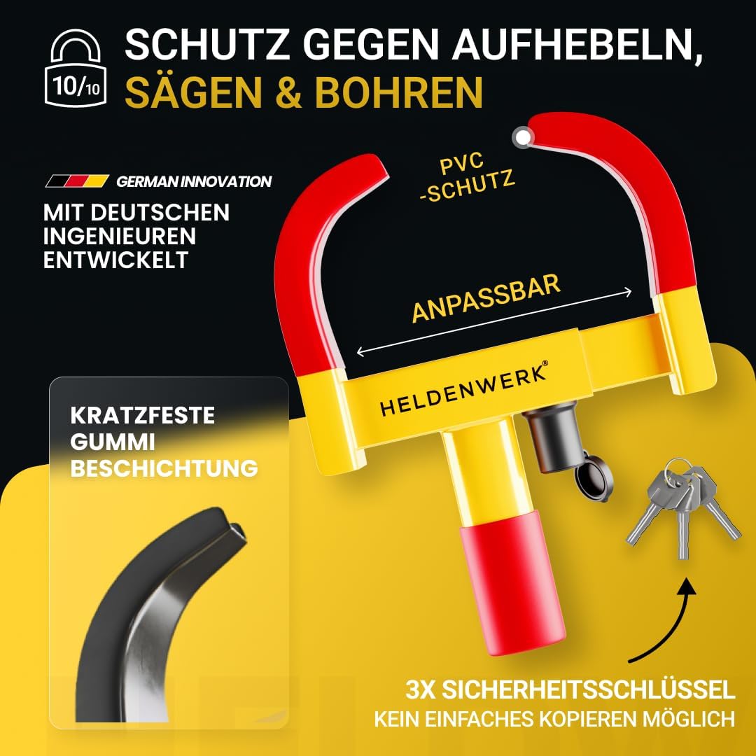 HELDENWERK Parkkralle Radklammer mit Sicherheitsschloss - 48x25x7 cm - Für 18-30 cm Reifenbreite - Mit 3 Schlüsseln - Stahl - Gelb/Rot