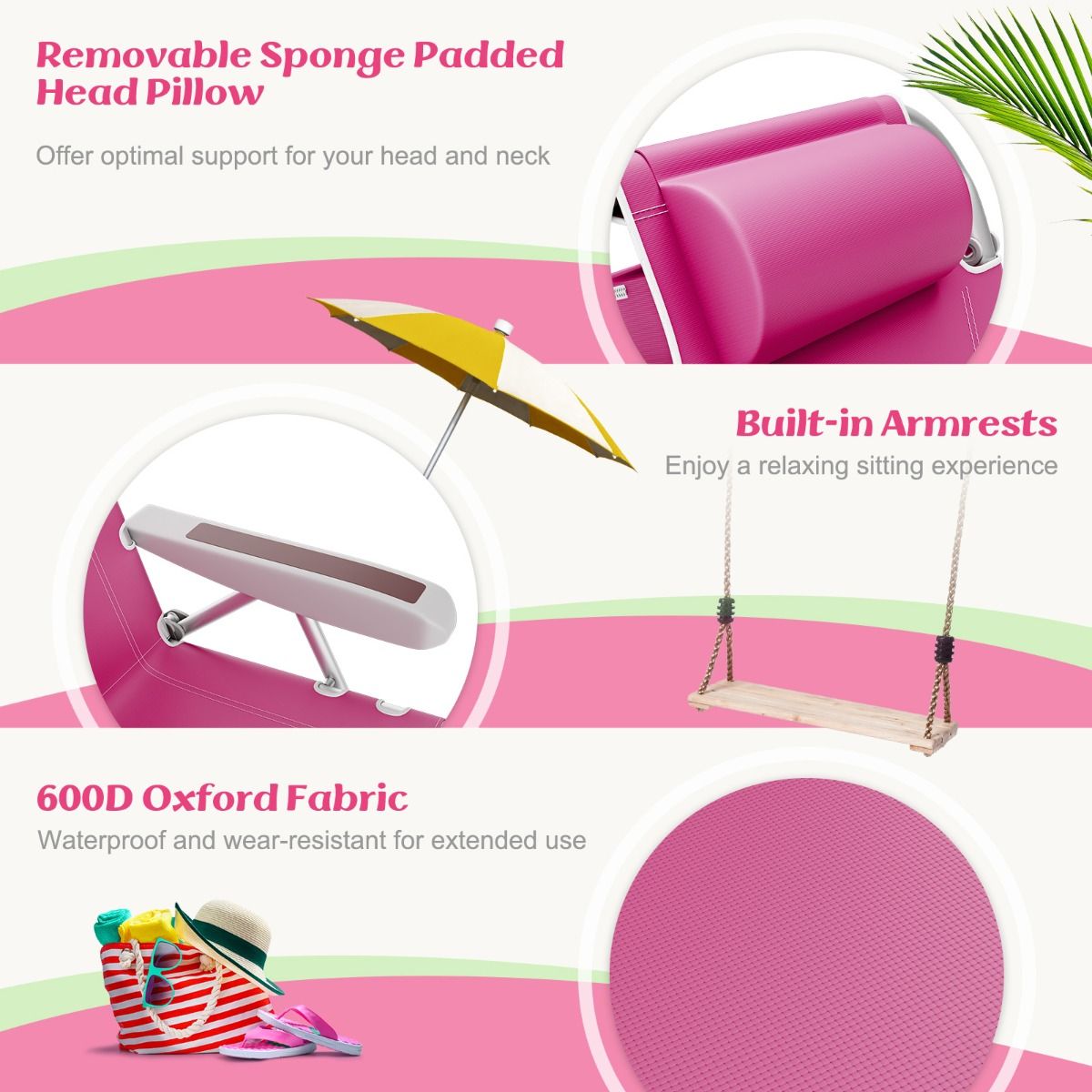 Coast Beach Chair Verstellbare Rückenlehne 5-Positionen faltbare Liege mit Becherhalter und Staufächern Rosa 66x65x78 cm - 2 Stück