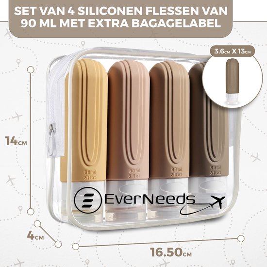 EverNeeds Reiseflaschen mit Etui - Nachfüllbar - Silikon-Reiseflaschen Handgepäck - Hell Apricot - 4 Stück