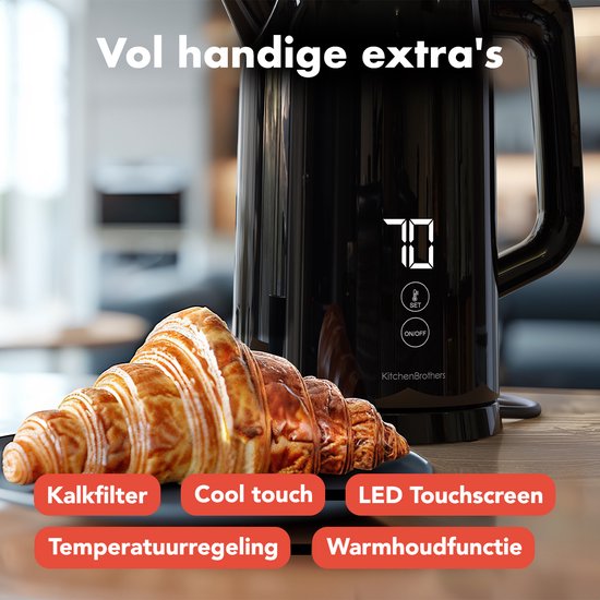 KitchenBrothers - Wasserkocher - Mit Temperaturregelung - Elektrisch - Kalkfilter - Warmhaltefunktion - Display - 1,7L - 2200W - Schwarz