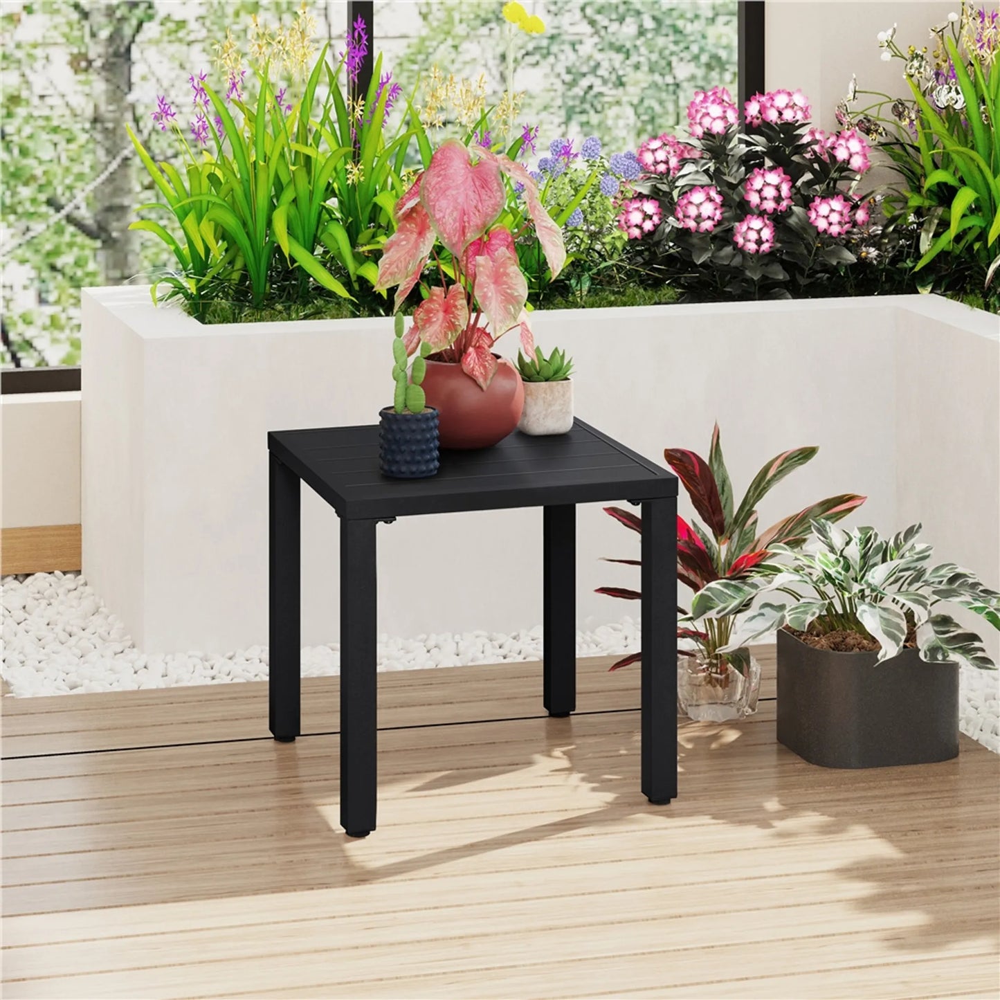 Yaheetech Outdoor Beistelltisch Quadratisch - Ausgestattet mit Latten-Tischplatte und elektrophoretische Pulverbeschichtung und Support Bar - Für Garten Balkon und Terrasse - Schwarzes Metall - 45 x 45 x 45,5 cm