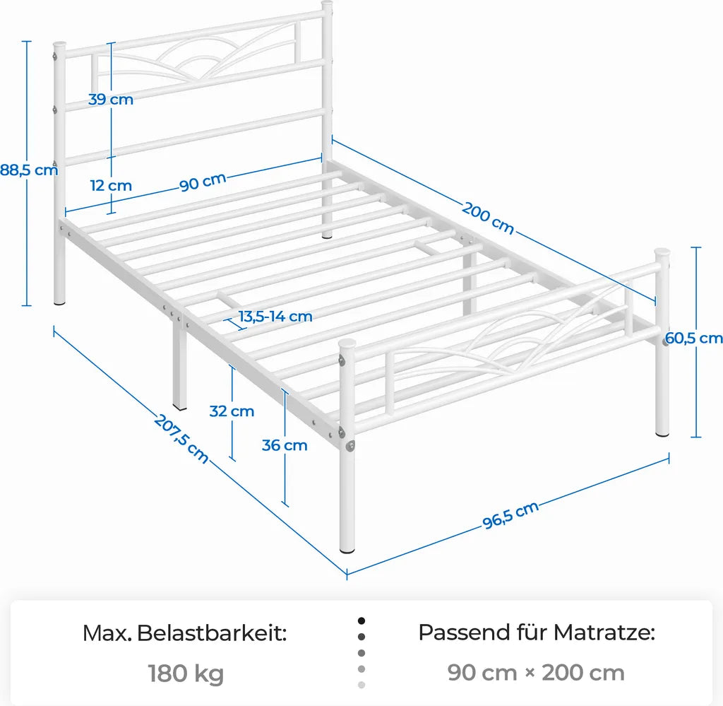 Yaheetech Metall Bettgestell Weiß - 90 x 200 cm - Wolkenmuster Kopfteil - 207.5 x 96.5 x 88.5 cm