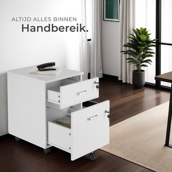 tectake Schubladenschrank - Mit 2 abschließbaren Schubladen, feststellbare Rollen - Rollcontainer - Organizer - Ideal für einen organisierten Arbeitsplatz - Büro, Arbeitszimmer, Home Office - Weiß