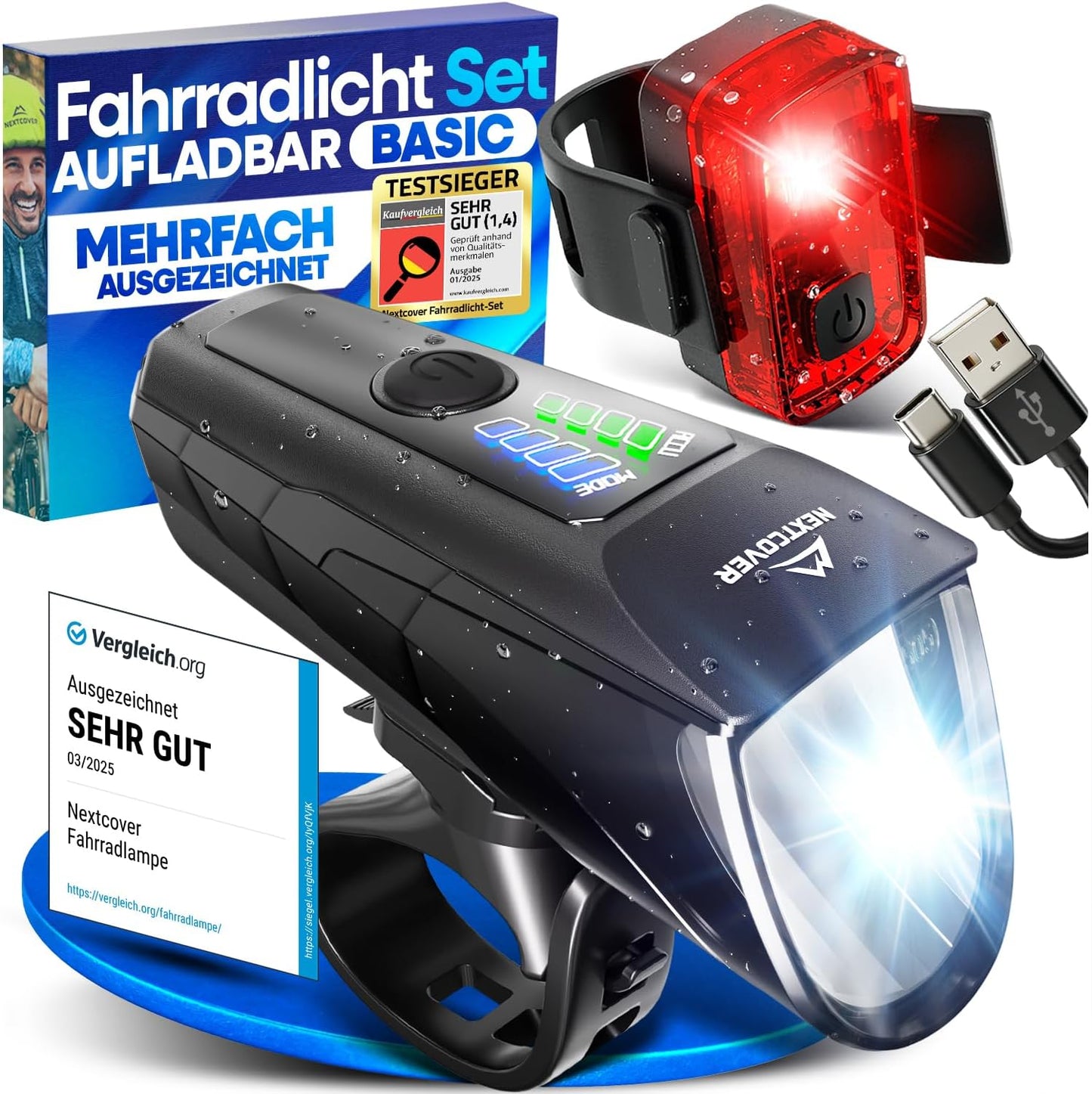 NEXTCOVER® Fahrradlicht-Set - Mit Sensor - 11 Stunden Akkulaufzeit - USB aufladbar - wasserdicht - StVZO geprüft