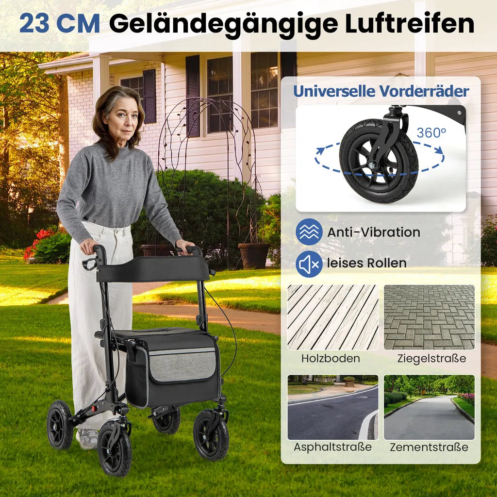 Coast Faltbarer Rollator Schwarz - 2-in-1-Reiserollator mit Sitz und Luftbereifung - 62 x 82 x 81,5-97 cm