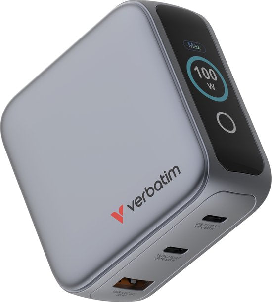 Verbatim Mini-Gan-Ladegerät 100 W, 2 × USB-C, 1 × USB-A, QC, für Apple MacBook und iPhone