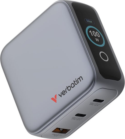 Verbatim Mini-Gan-Ladegerät 100 W, 2 × USB-C, 1 × USB-A, QC, für Apple MacBook und iPhone