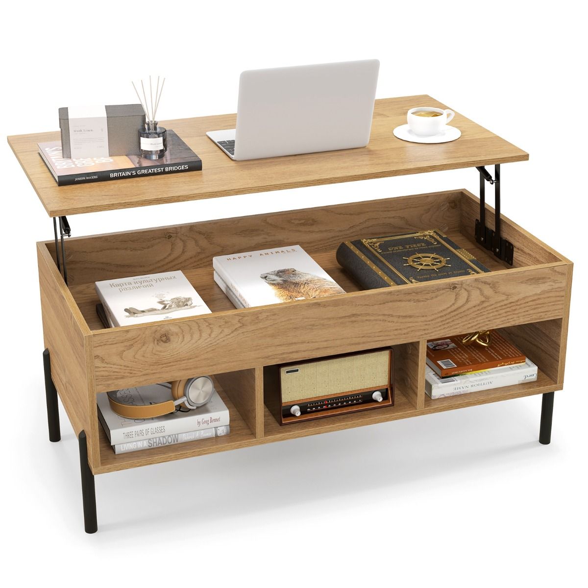 Coast Adjustable Couchtisch mit anhebbarer Tischplatte und 3 offenen Fächern - 104,5 x 49 x 62,5 cm - Naturfarbe