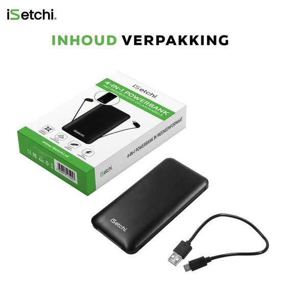 iSetchi Powerbank 10000 mAh - 4-in-1 - Eingebaute Kabel - Schwarz
