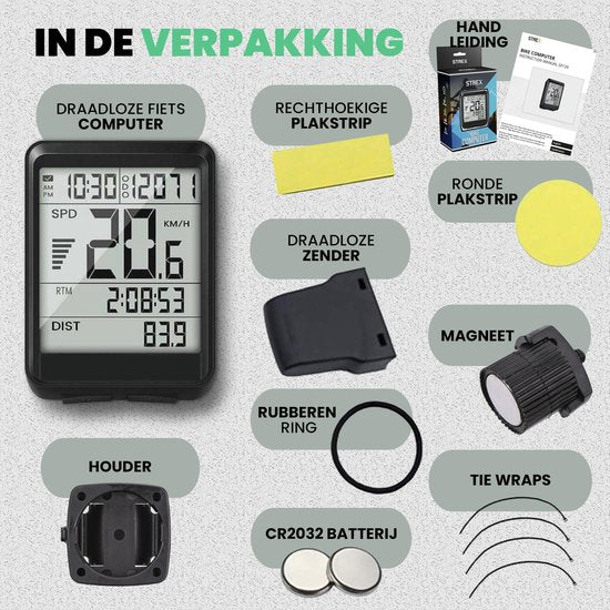 Strex Kabelloser Fahrradcomputer - 17 Funktionen - Extra großer Bildschirm - Kabelloser Fahrradcomputer Kabellos und wasserdicht - NL Manual