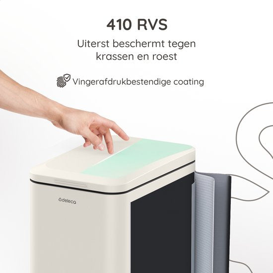 Deleca Abfalleimer Prestige - 50 Liter - Schmal - Edelstahl Mülleimer / Abfalleimer / Tret-Abfalleimer - Mit Fußpedal und Slow Close - Cremeweiß
