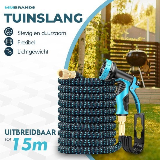 MM Brands Flexibler Gartenschlauch bis zu 15m - 10 Sprühmodi - Schwarz und Blau