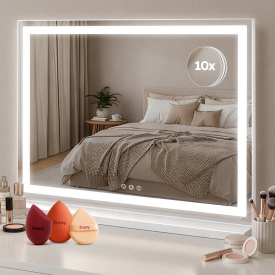 Fraay® Hollywoodspiegel mit Beleuchtung 60x50cm - 3 Lichtstufen - Schminkspiegel mit 10-facher Vergrößerung - LED-Streifenbeleuchtung dimmbar - Inkl. 2 Beauty Blenders und Puderquaste