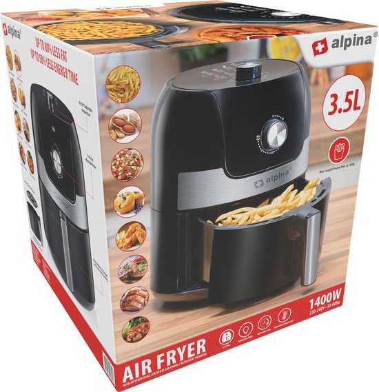 alpina Airfryer 3.5L - Heißluftfritteuse 2 bis 3 Personen - Heißluftfritteuse mit einstellbarer Temperatur von 80 bis 200°C - Heißluftofen Airfryer Timer bis zu 60 Minuten - 1400W - Schwarz