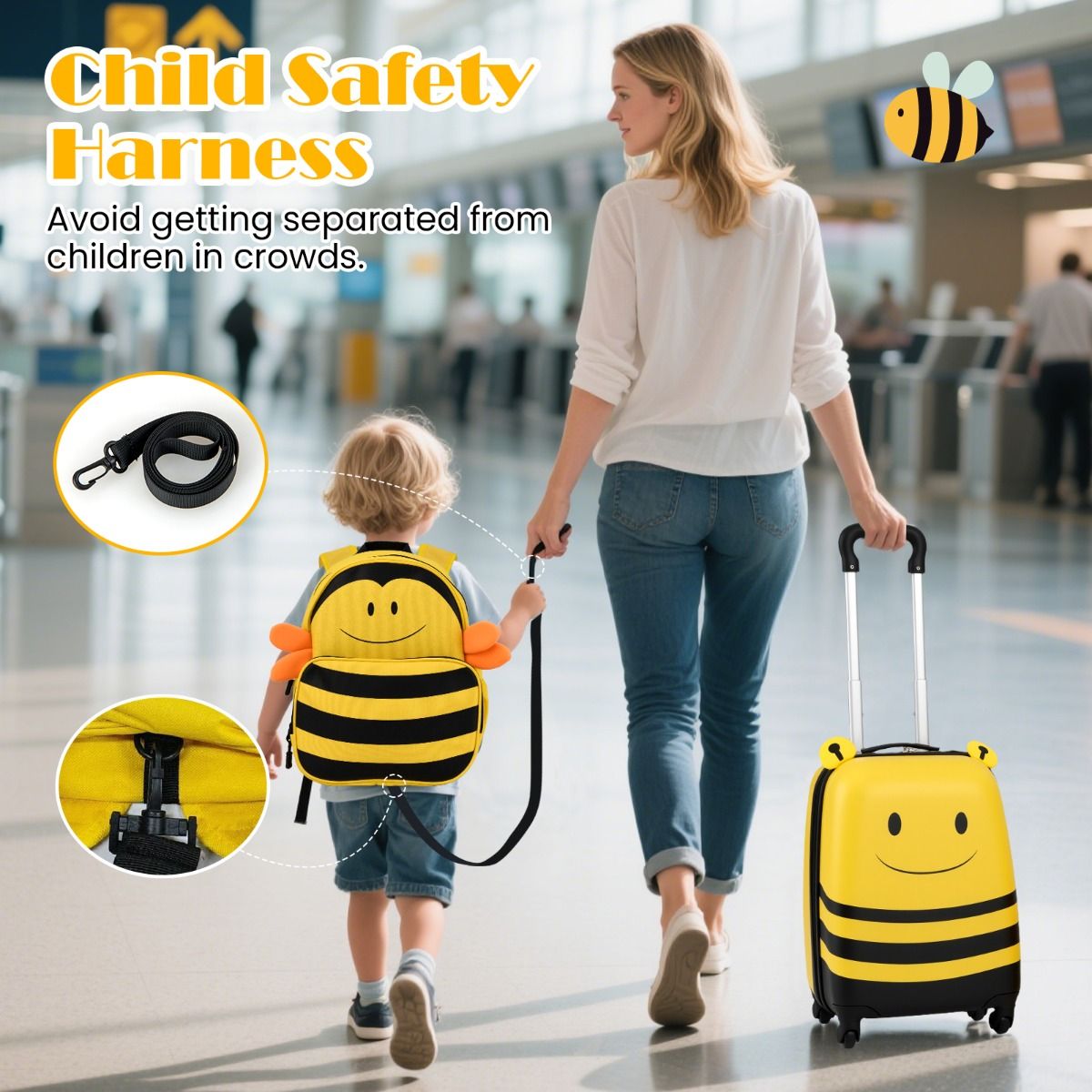 Coast Kinderkoffer- und Rucksack-Set – Bienenmotiv – Mit Rollen und Sicherheitsband – Gelb