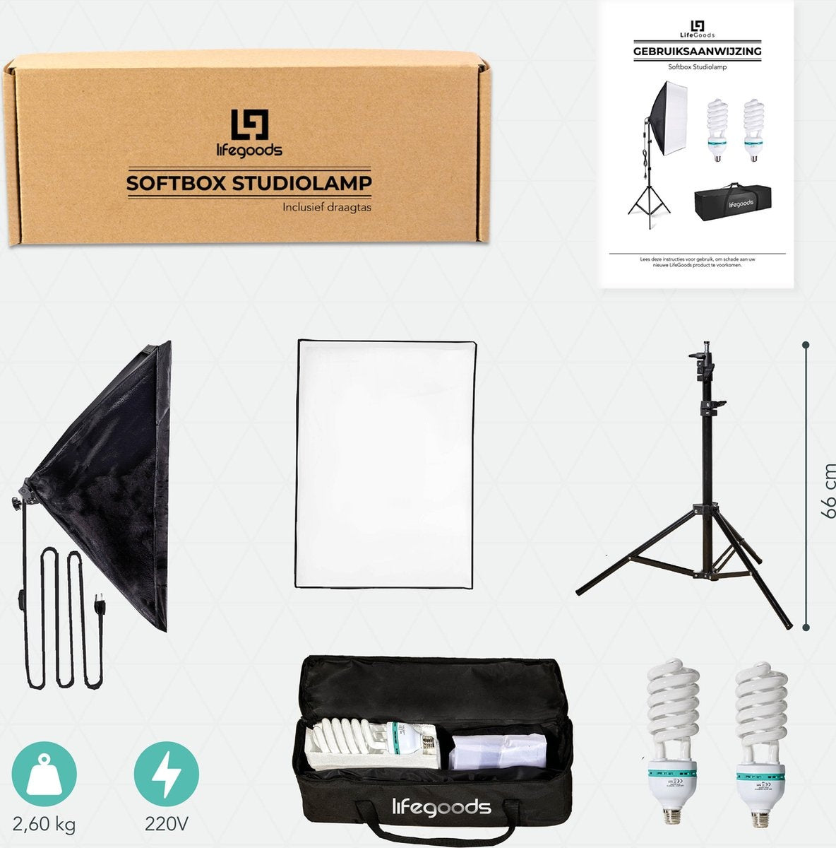 LifeGoods Softbox Studioleuchte - Komplettset mit Tragetasche - 50x70 cm - Schwarz