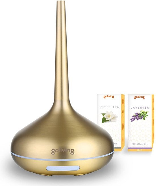 Goliving Aroma Diffuser - Luftbefeuchter - Aromatherapie - Inkl. 2x ätherisches Ã–l - 10 LED Farben - Duftdiffusor - Gold