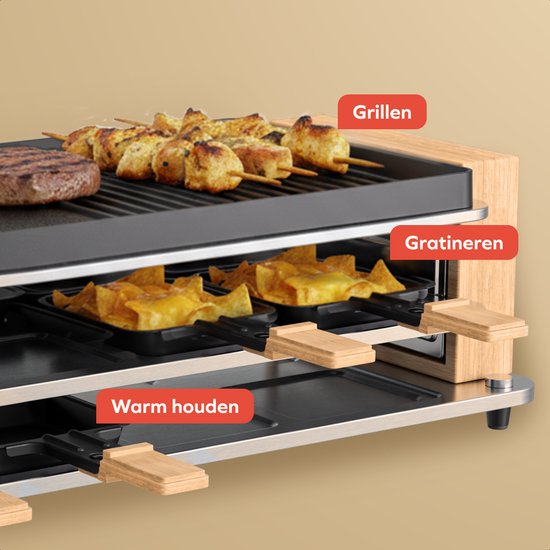 KitchenBrothers Gourmet Set - 950W - Gourmet Teller 8 Personen - Set mit Pfannen und Spateln - 46,5 x 23 cm - Holz/Schwarz